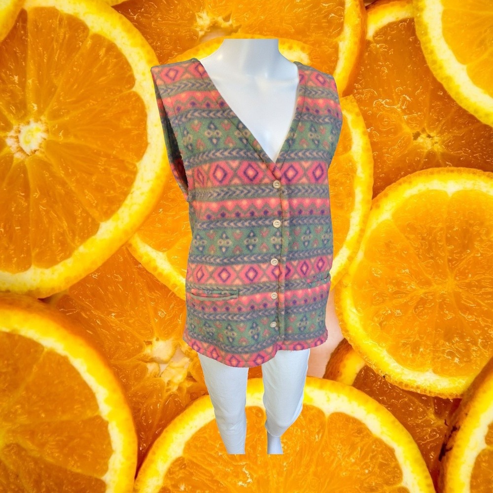 Republic Fleece Vest Women's Geometric Print Button Front‎ Pockets Size M